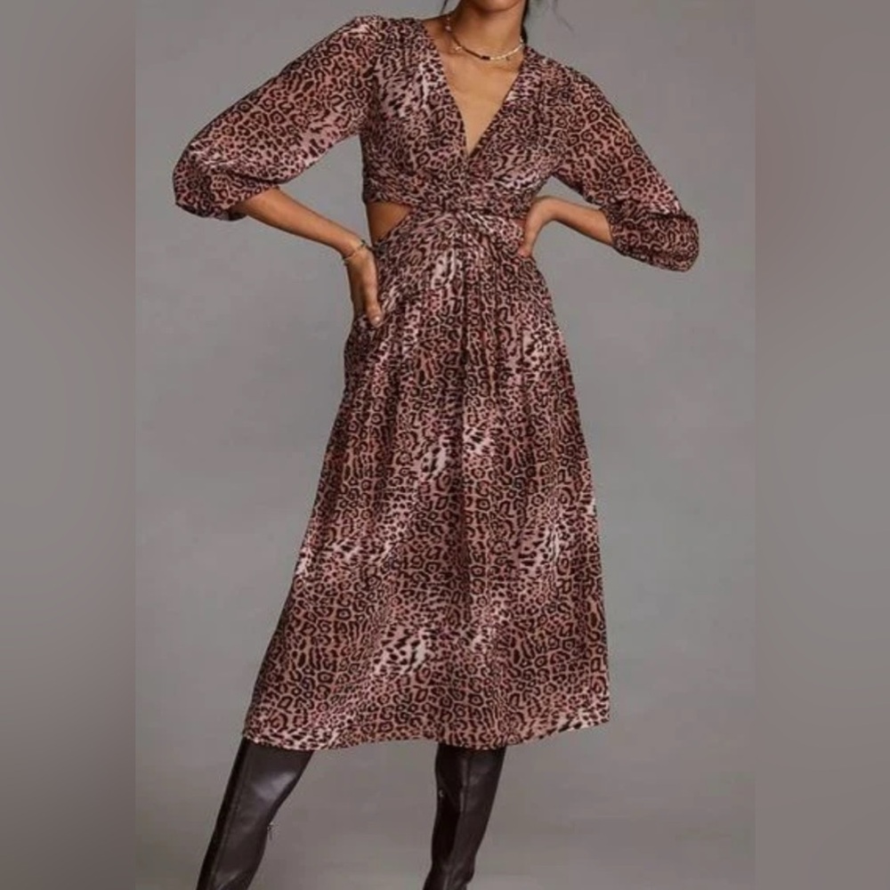 Anthropologie Ranna Gill Leopard Print Cutout Midi Dress NEW $190 MSRP‎
